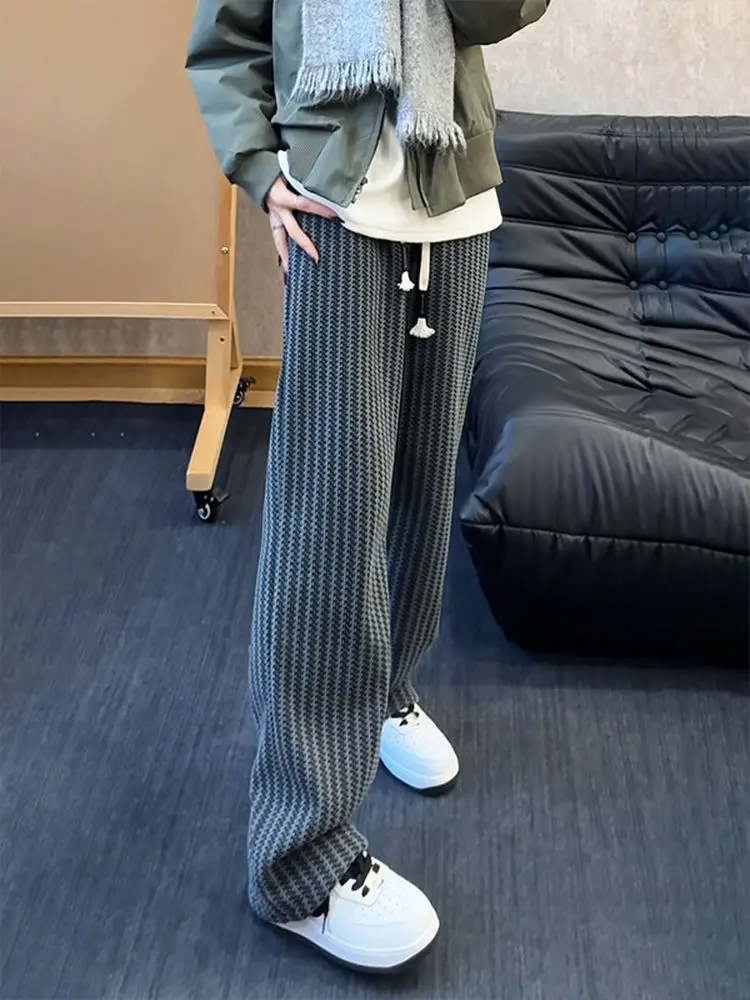 Men's Knitted Fleece Lined Straight Leg Pants Heavy Weighted Casual Trousers Fishbone Pattern Small Fragrance Style Autumn Wi...