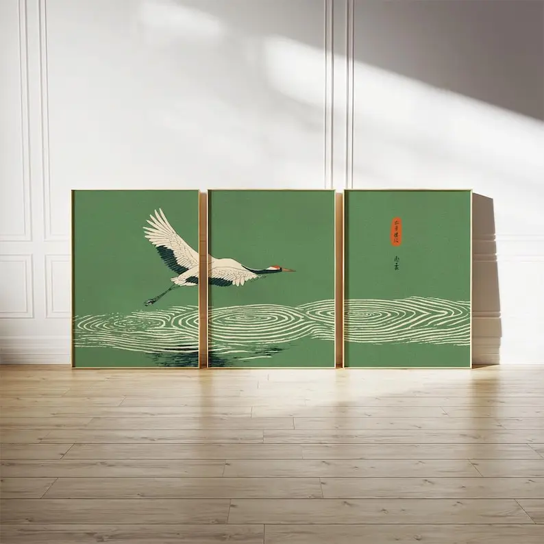 3pcs/set of Japanese Crane Animal Canvas Poster Green Simple