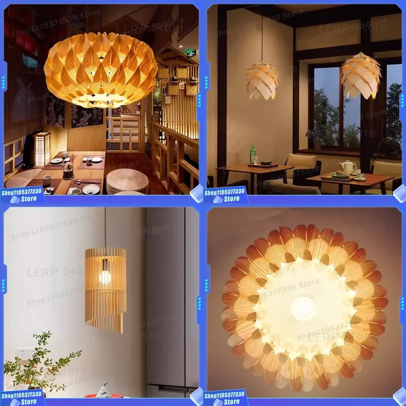 Creative Japanese Wooden Pendant Lamp Medium Size Chandelier for Indoor Home Kitchen Restaurant Lighting Fixture Decor Medium