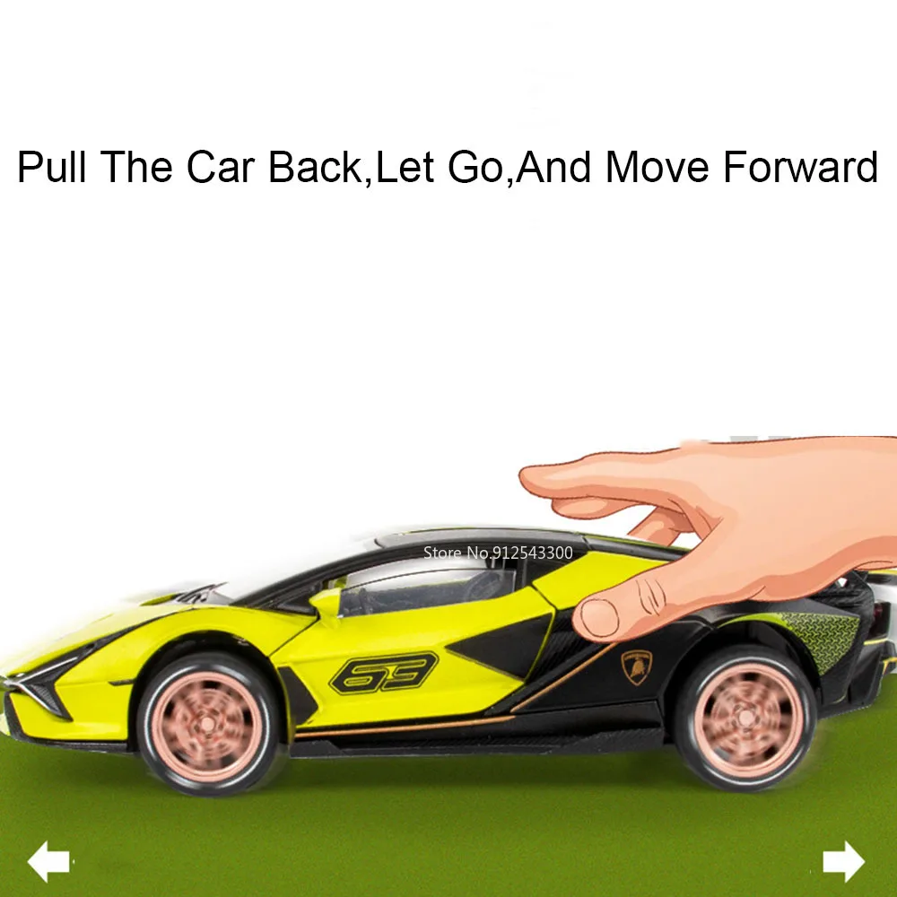 Scala 1:32 Sian Revuelto Modello di auto sportiva Giocattolo Musica Luce Tirare indietro Supercar Forbici Porte Modelli aperti Decorazioni per la casa Decorazione