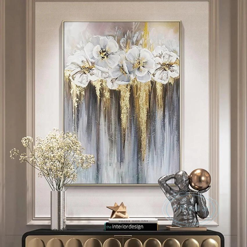 

Abstract Gold Foil Flower Canvas Picture Handmade Oil Painting Wall Art Hanging Poster Living Room Bedroom Restaurant Decoration