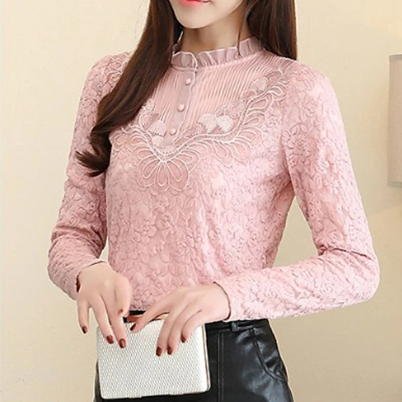 Womens Clothing Autumn Winter Korean Fashion Lace Ruffle Elegant T-shirts Office Lady Solid Long Sleeve Slim Pullover Basic Tops