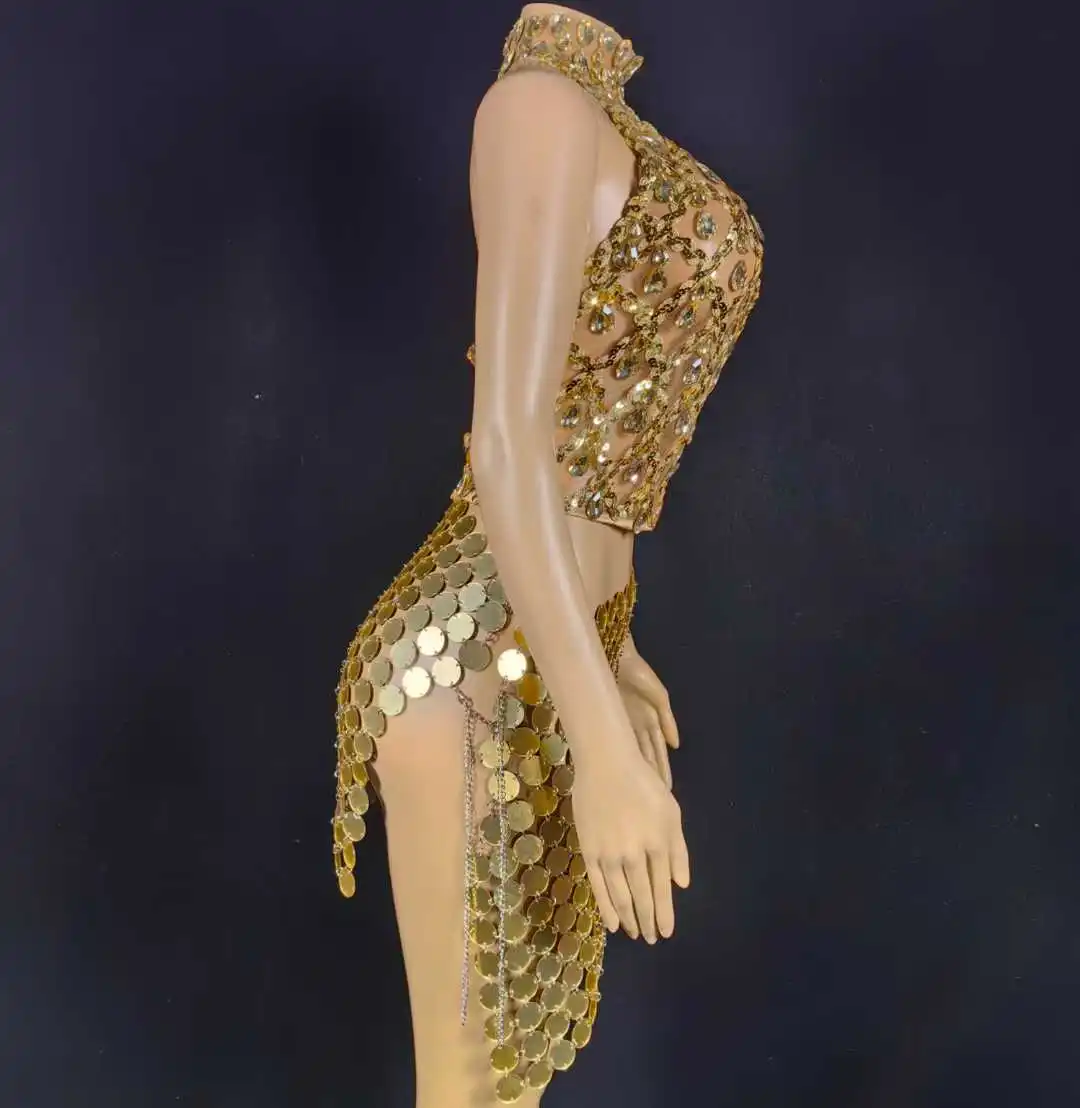 Złote, bezrękawnikowe komplety 2-częściowe: top i spódnica z cekinami dla kobiet, błyszczące, seksowne stroje na urodziny, imprezy, wieczorne wyjścia i do klubu nocnego.