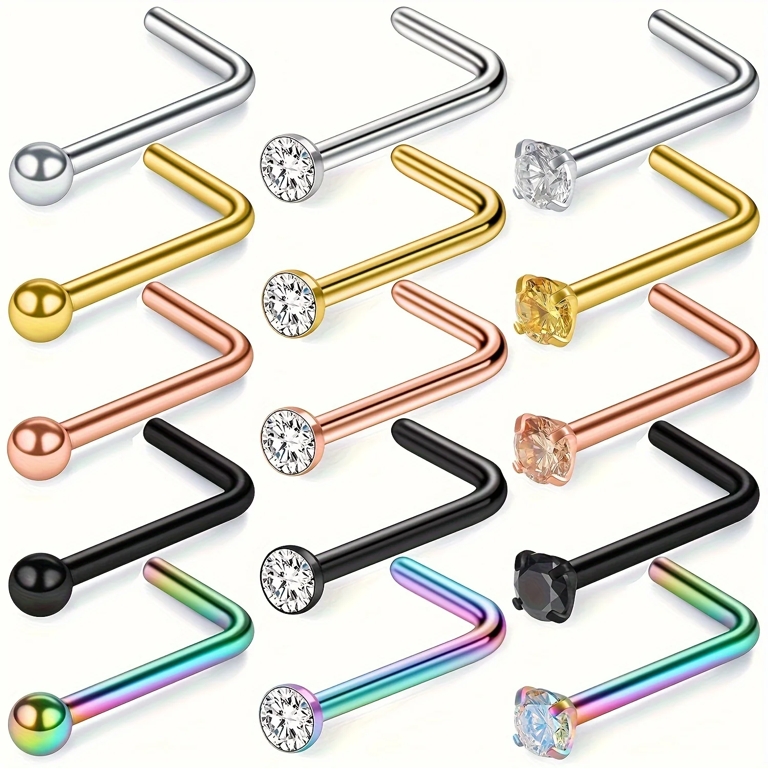 1pcs/15pcs Simple Nose Studs L Shaped Nose Rings Body Piercing Jewelry For Men and Women Cartilage Ear Nail Different Colors