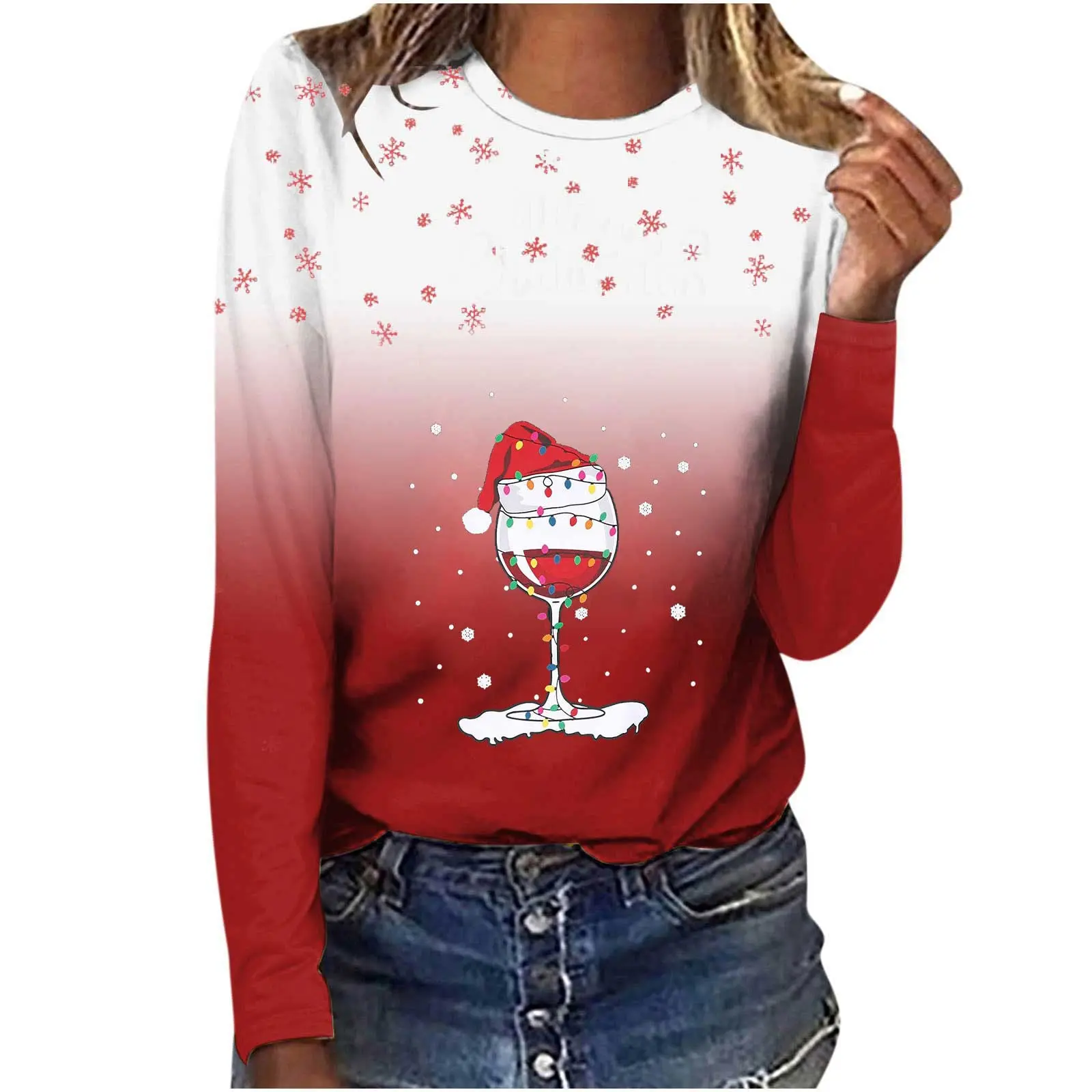 Christmas Elk wine glass pattern women long sleeved T-shirt fun 3D print T-shirt casual O-neck loose pullover Christmas clothing