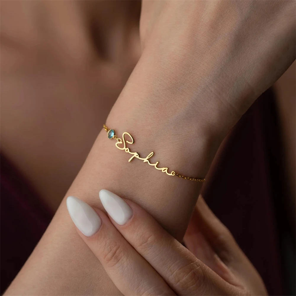 Birthstone Cursive Name Bracelet Personalized Birth Stone Charm Bracelets for Women Mother's Day Gift Custom Jewelry Pulseras