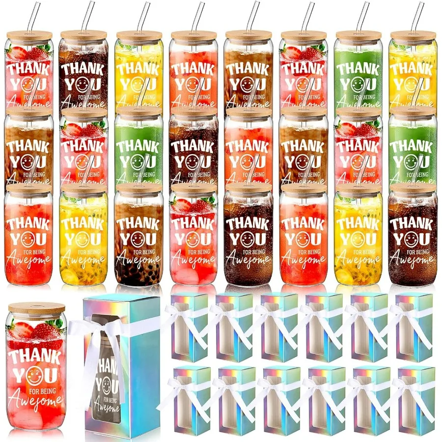 

24 комплекта подарков с благодарностью. Подарки с благодарностью сотрудников для коллеги. Стеклянные стаканчики на 16 унций с крышками и соломинками с полупрозрачными.