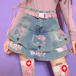 Y2k Spicy Girl's New Cute Printed Denim Skirt for Women, Sweet Slimming Culottes with Safety Pants Punk Style Fluffy Skirts