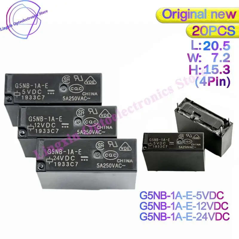 Free shipping 20Pcs G5NB-1A-E-5V G5NB-1A-E-12V G5NB-1A-E-24V Original Power Relay G5NB 1A E 5v 12v 24v DC 4Pin 5A 250VAC SPST-NO