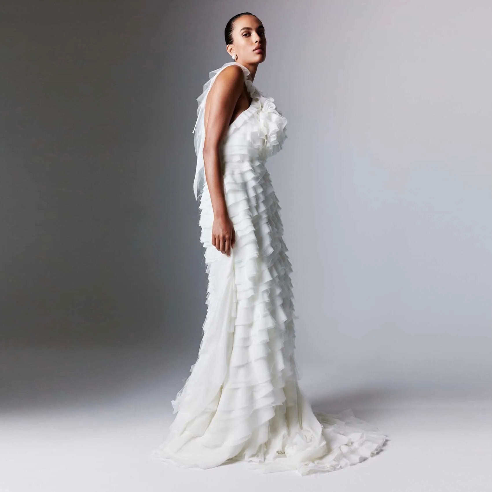 Alta costura camadas vestido de noiva halter completo babados flor casamento segunda vestidos único noiva photoshoot vestido de noite