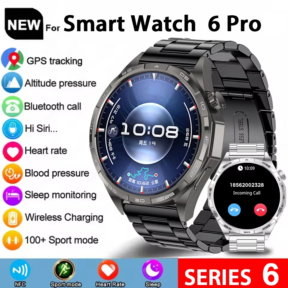 

2025 New Watch6 Pro Outdoor Sport Smart Watch Men AMOLED Screen NFC GPS Compass Heart rate Waterproof Bluetooth Call SmartWatch