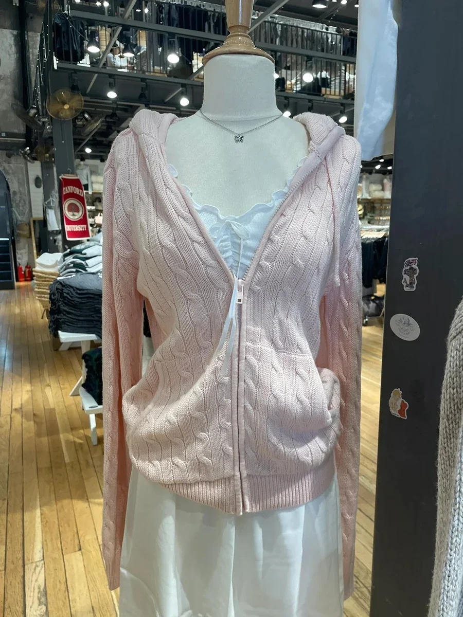 

Вязаный кардиган с витым цветком, женский осенний свитер с длинными рукавами и капюшоном на молнии, уличная одежда, милые свитера, пальто Y2K Top