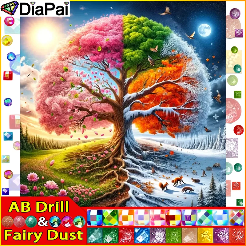 DIAPAI Fairy Dust AB Diamantgemälde voller quadratischer/runder Diamant „Landschaft Baum Mond“ Muster Stickerei 5D Strassgemälde