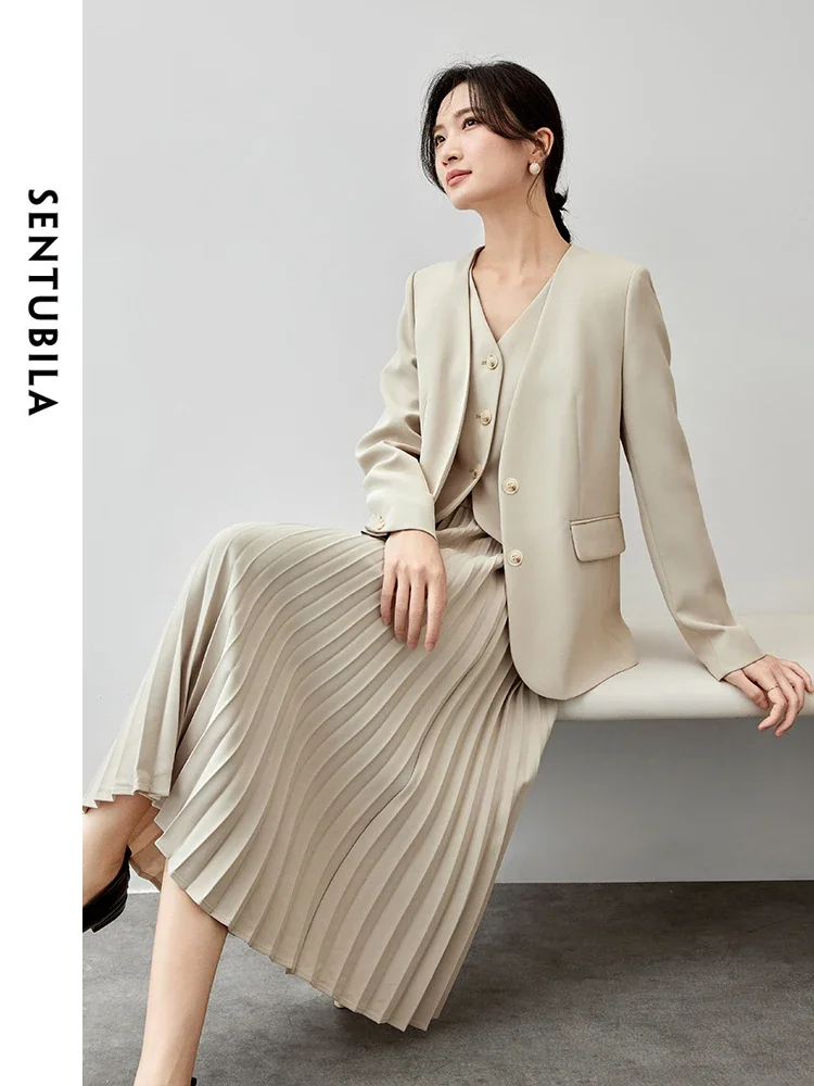 SENTUBILA Women Skirt Suit 2024 Autumn V Neck Blazer A Line Pleated Skirt Office Work Business Outfits Matching Sets 143Z55705