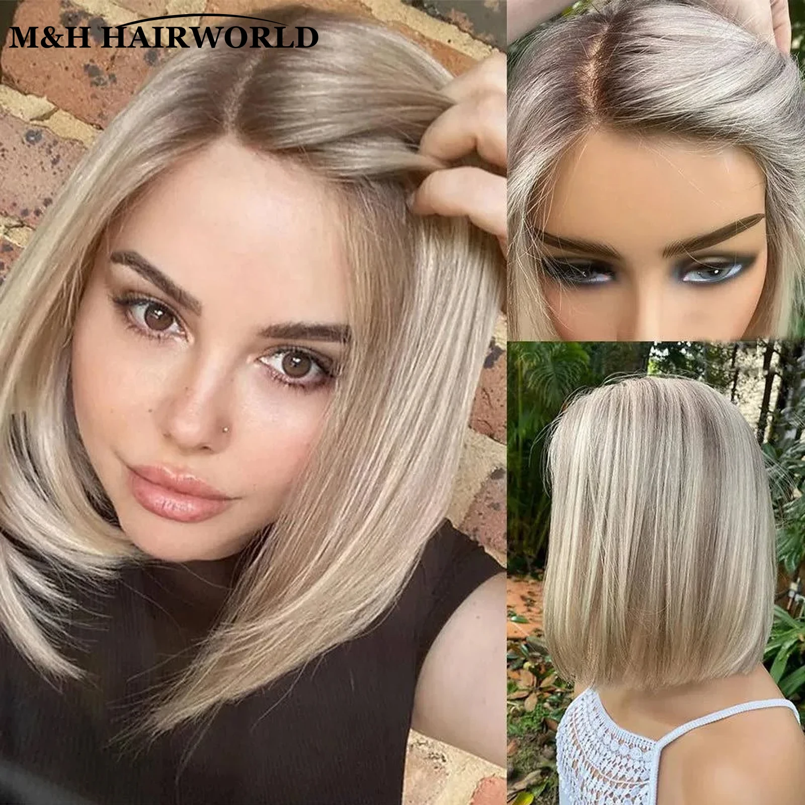 Ombre Ash Blonde Highlight Colored Wig Synthetic Hair 13x3 Lace Front Wigs for Women Short Straight Bob Hair Lace Frontal Wig