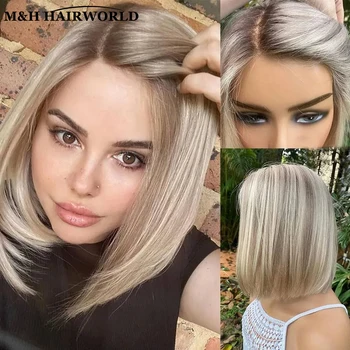 Ombre Aschblonde Highlight Farbige Perücke Kunsthaar 13x3 Lace Front Perücken für Frauen Kurze Gerade Bob Haar Lace Frontal Perücke