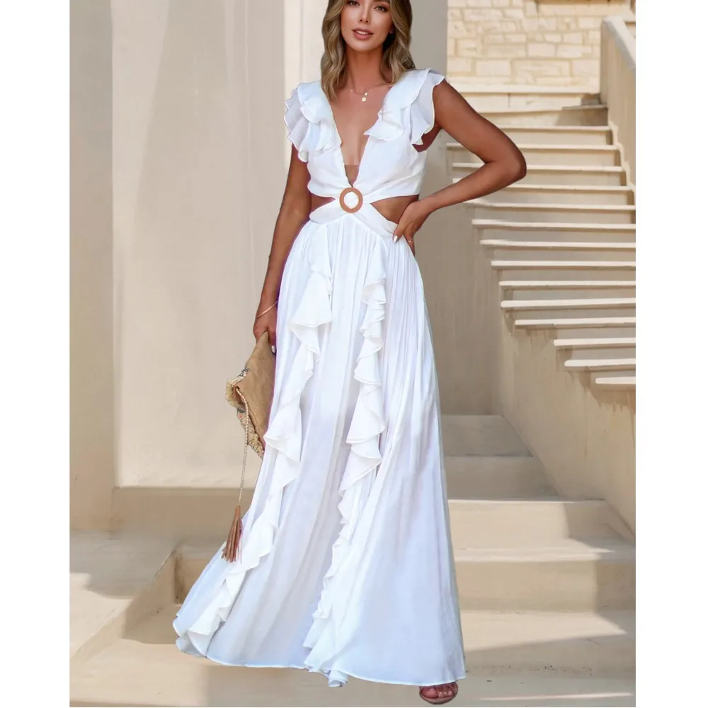 Abito sexy senza schienale slim fit per le donne Nuove vacanze bohémien Scollo a V con volant Patchwork Abito lungo con spacco irregolare Roupas Feminina