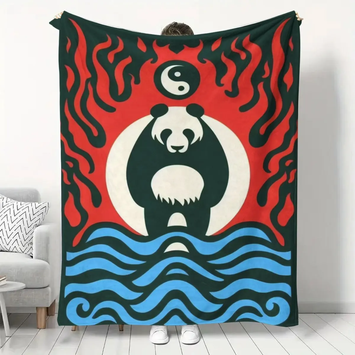 Modern Geometric Panda Flannel Blanket - Soft All-Season Bedding with Yin Yang Panda Print, Red & Blue Wave Design, Washable for