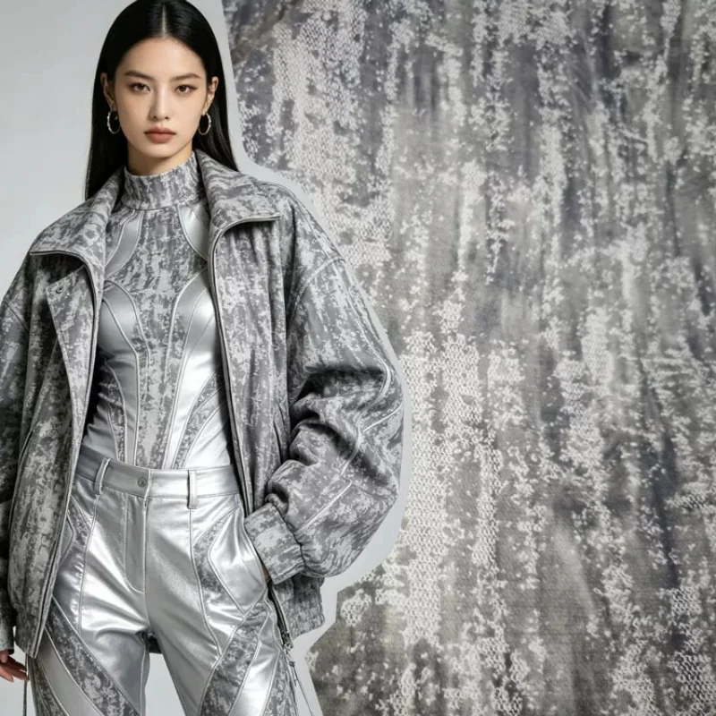 Gray Irregular Tree Bark Flocked Denim Fabric Spring Autumn No Stretch Designer Fashion DIY Home Craft Material Jackets Coat