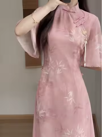 Chinese Pink Qipao Dress 2026 Vintage Cheongsam Young Oriental Lady Daily Evening Party Dress Summer