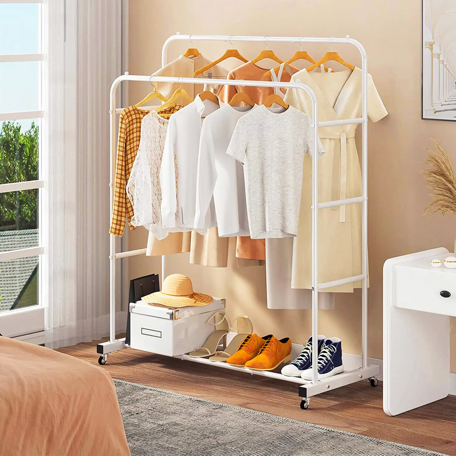 Heavy Duty Rolling Garment Rack Cloth Hanger Stand Metal Storage Shoes Organizer