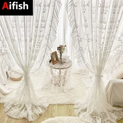 Rideau en tulle brodé transparent en lin blanc pour chambre de fille, drapé français, dentelle à volants romantiques, décoration de fenêtre Tyys, princesse