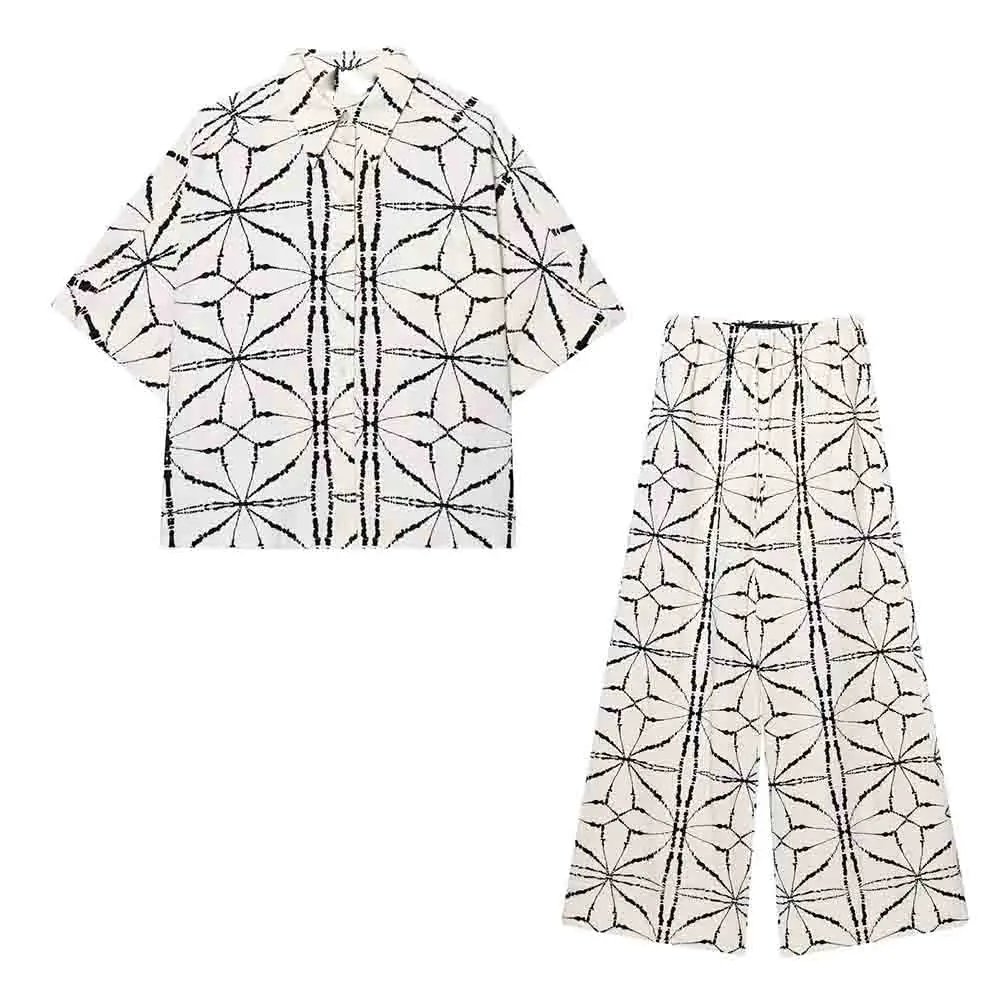 

Women's new fashion loose vacation style printed button up shirt short sleeved women's shirt chic top+Pants Women's suit
