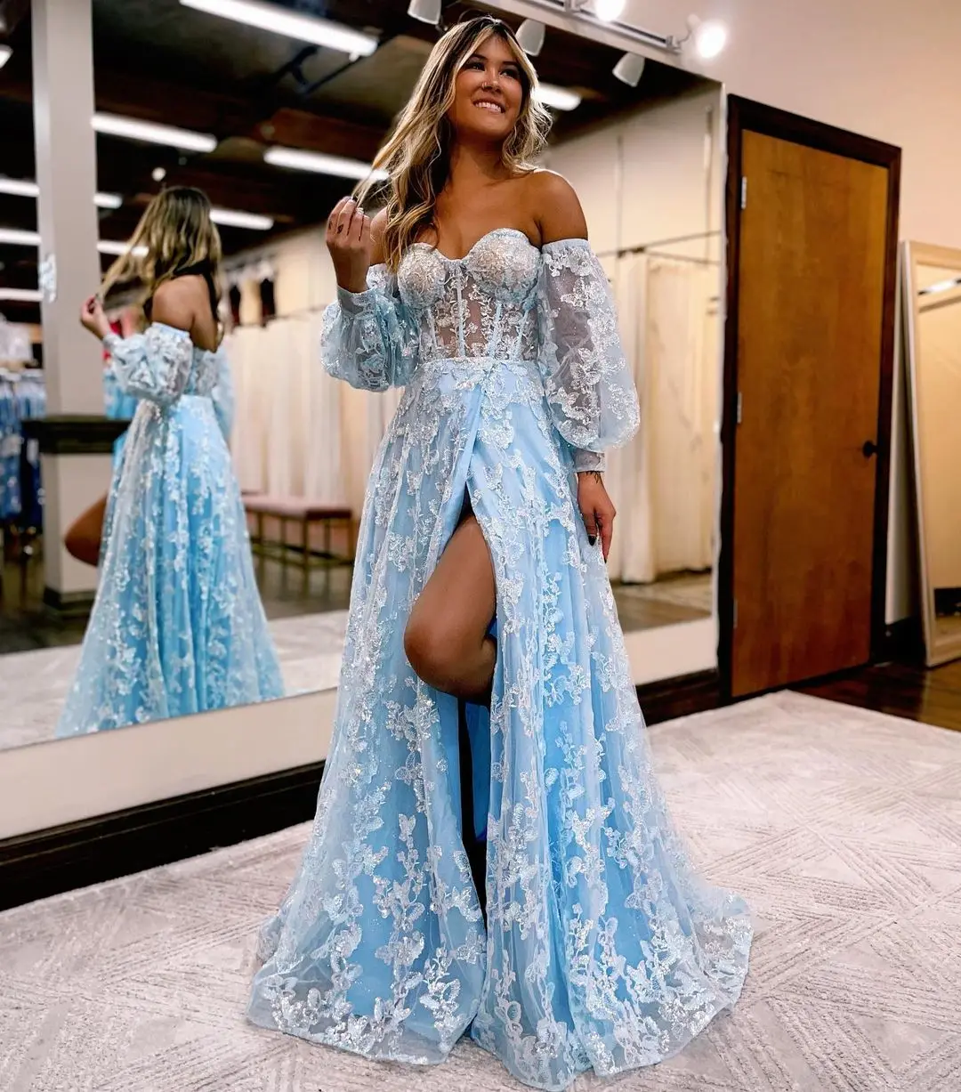 

Ivory Lace Blue Prom Dresses Beaded Sequined Puffy Sleeves Off Shoulder Sweetheart A Line High Slit Illusion Evening Gowns Party