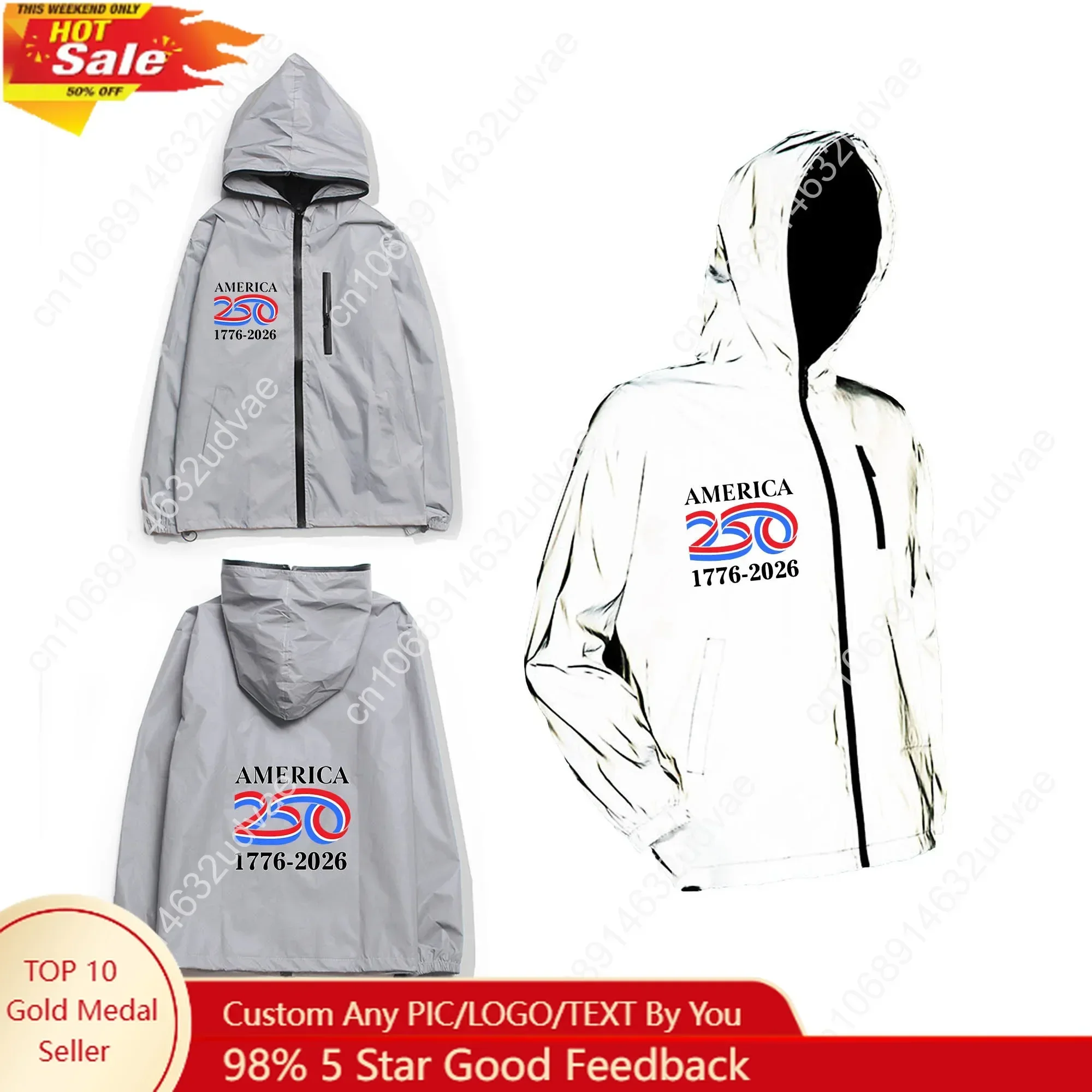 America 250th Anniversary 1776-2026 Reflective Jacket Men Women Youth Coat Zipper Hooded Sweatshirt Windbreaker Customized TOPS