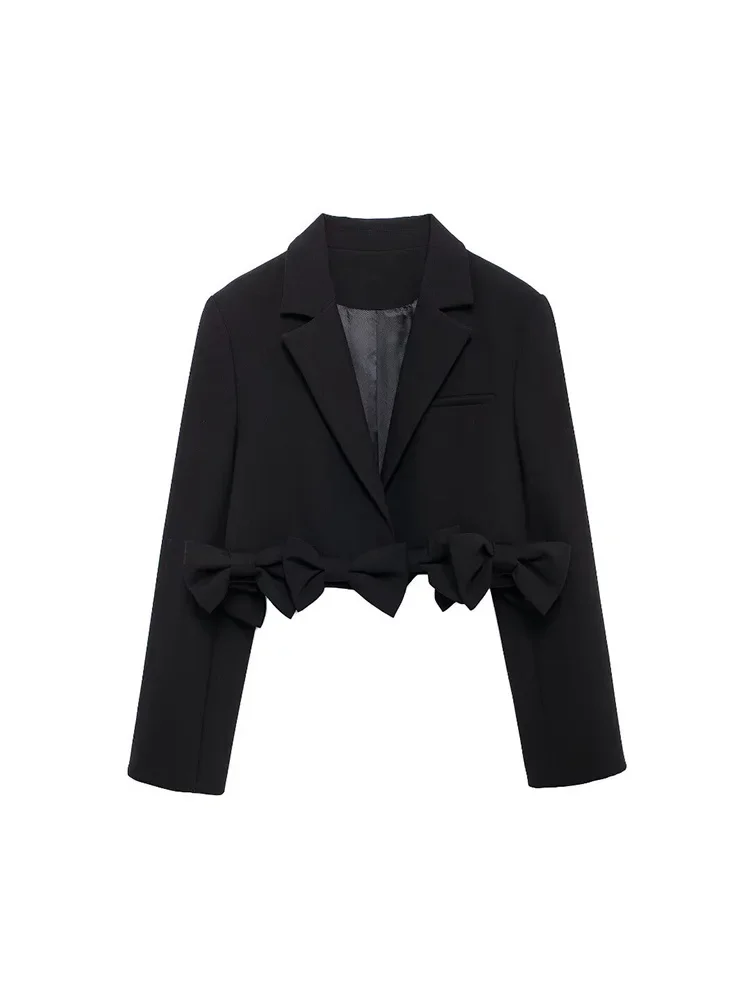 Willshela Women Fashion With Bow Black Cropped Blazer Vintage Notched Neck Long Sleeves Female Chic Lady Outfits