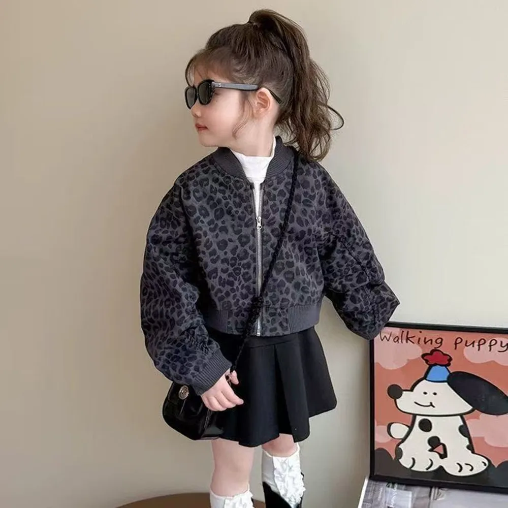 

Girls' Jacket Spring and Autumn New Style Children's Western Leopard Pattern Jacket Baby Short Korean Version Casual Coat 2-7Y