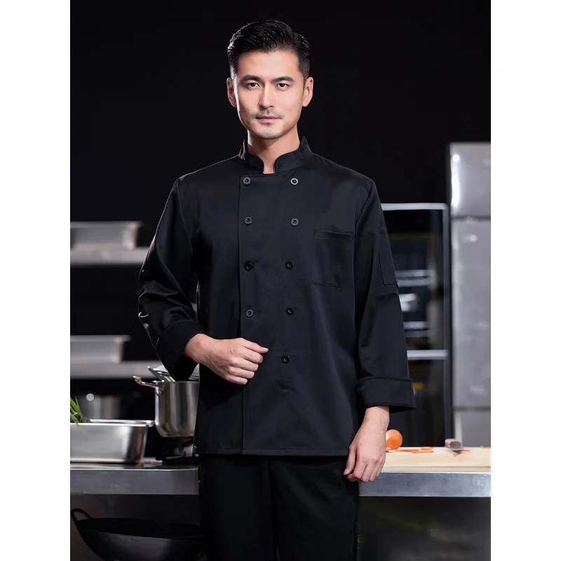 Solid Color Chef Overalls Long Sleeve Adjustable Spring and Autumn Restaurant Chef Catering Baking School Canteen Kitchen Unifor