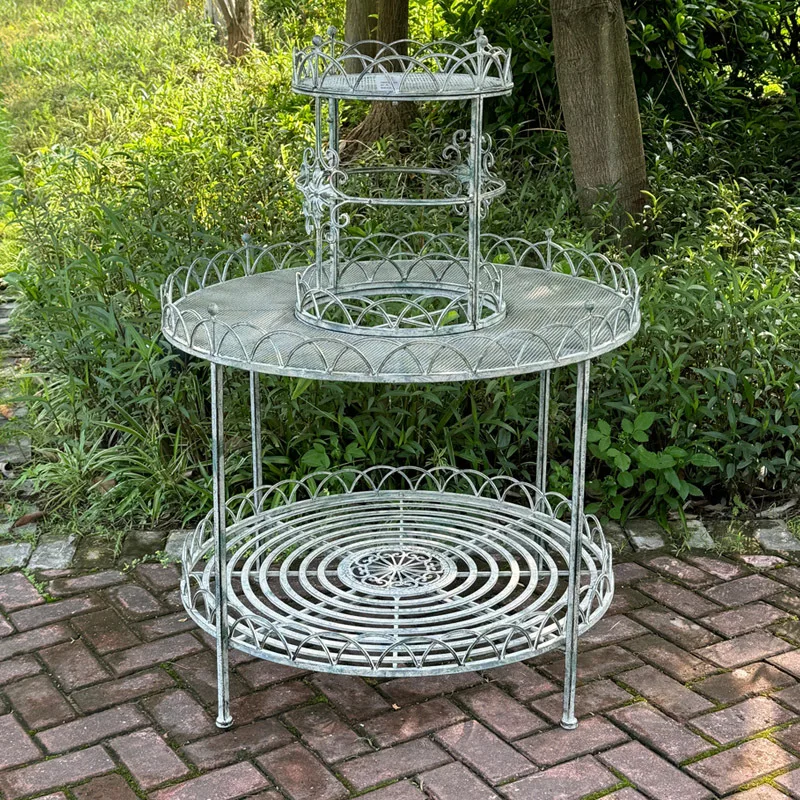Retro outdoor courtyard wrought iron flower stand outdoor garden floor-to-ceiling flower pot stand round corner multi-layer shel