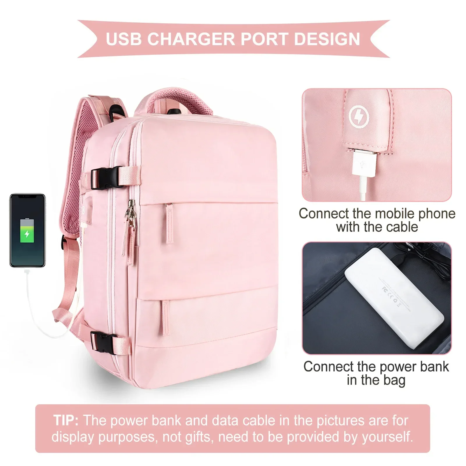 Pink Travel Backpack Women Airplane Large Capacity Multi-Function Luggage Lightweight Waterproof USB Charging Bag Sports Bagpack