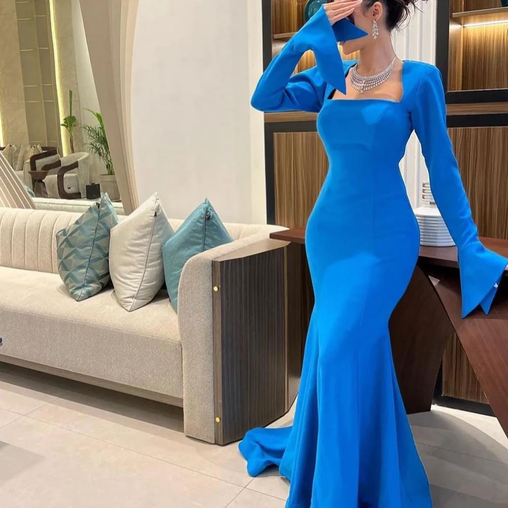 

Square Neck Straight Jersey Long Sleeves Floor Length Pleats Sweep Train Solid Color Ruffles Elegant Bespoke Occasion Gowns 2024