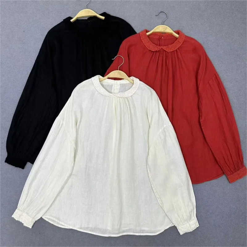 

Johnature тонкая рубашка с кружевной отделкой, винтажный топ с длинными рукавами, новые весенне-осенние женские льняные рубашки