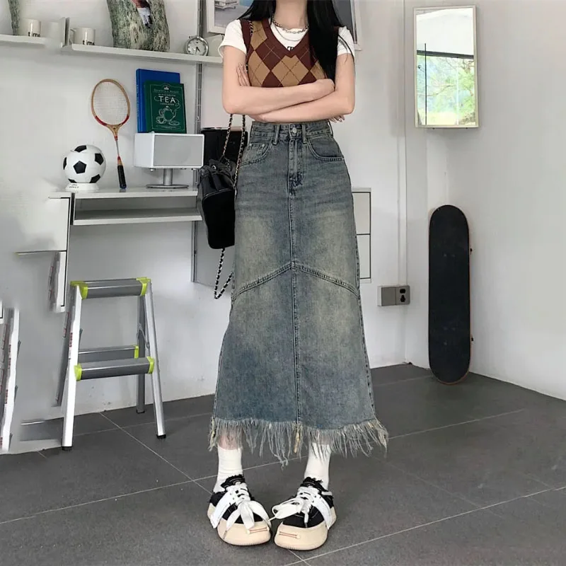 

2024 Spring Autumn New Tassel Women's Skirt Women's Vintage Slimming Spice Girl Cow High Waist Hip Medium Long Skirts