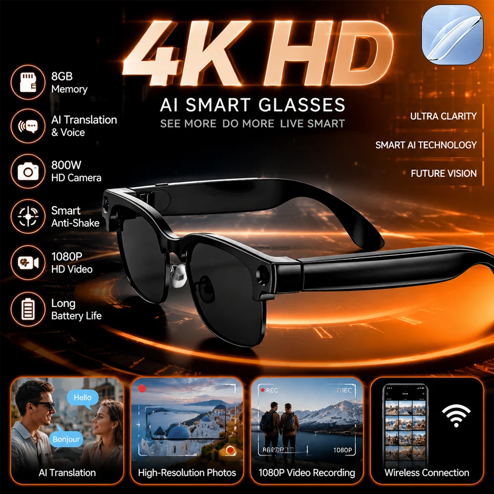 2026 4K Ultra HD Smart Glasses WIFI Transfer 800W Pixel Video Recording 1080P HD Recording BT Call Voice Translation Sunglasses