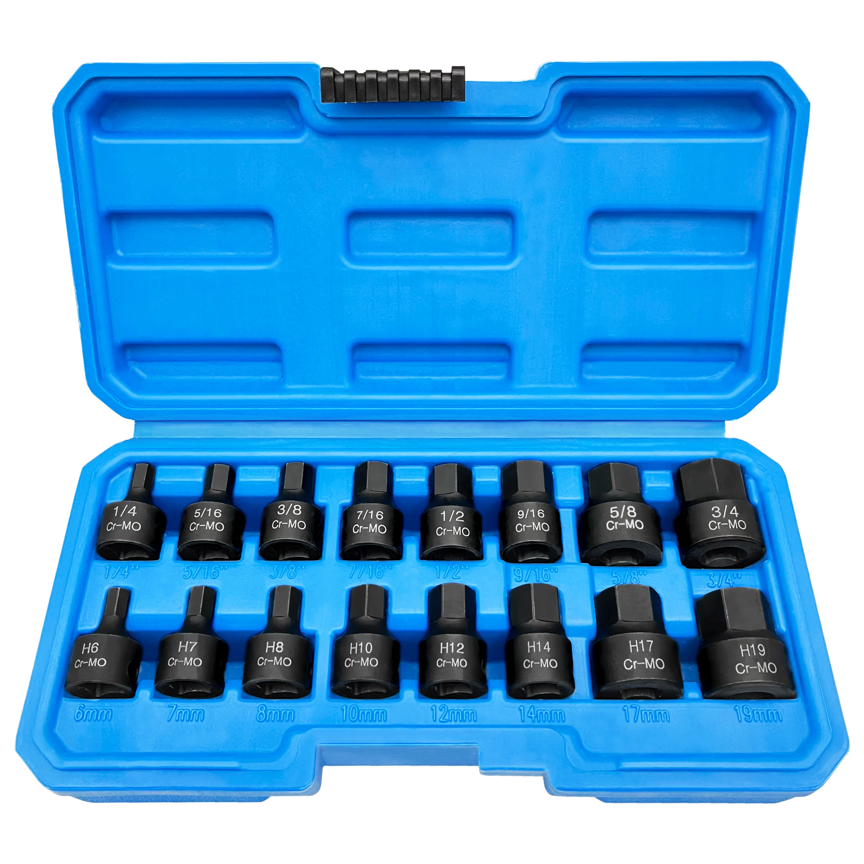 3/8 Inch Drive Low Profile Impact Hex Driver Set 16 Pcs SAE/Metric 1/4-3/4 Inch 6-19mm Cr-Mo Steel One-Piece Construction