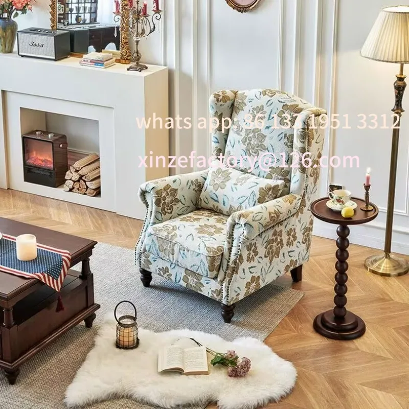 

American fabric chair single sofa retro living room leisure chair bedroom high back flower cloth boss chair
