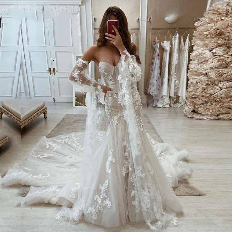 Spitze Lange Puff Ärmeln Brautkleider Schatz Appliques Gericht Zug Brautkleider Meerjungfrau Braut Kleid Plus Größe