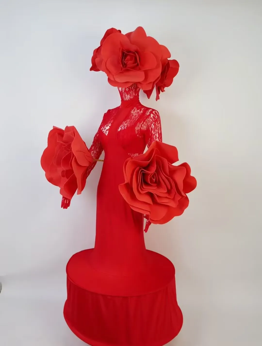 큰 붉은 꽃 레이스 투명한 긴 드레스 드래그 퀸 의상 발렌타인 데이 나이트 클럽 댄스 파티 마스크 볼 섹시한 무대 착용