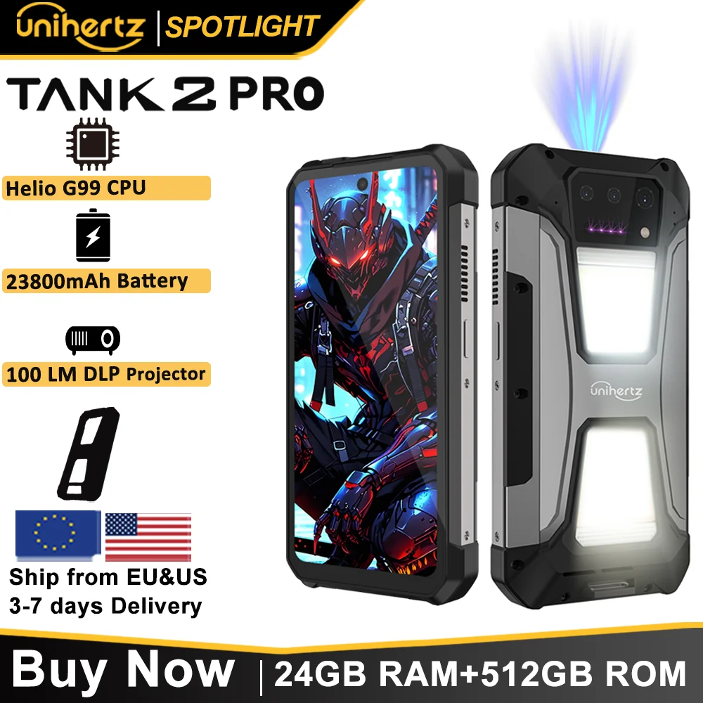 Unihertz tank 2 Pro 8849 rugged phone with projector, 100MP camera, 24GB 512GB, Android 14, 100MP, NFC, Helio G99, 23800mAh , 4G