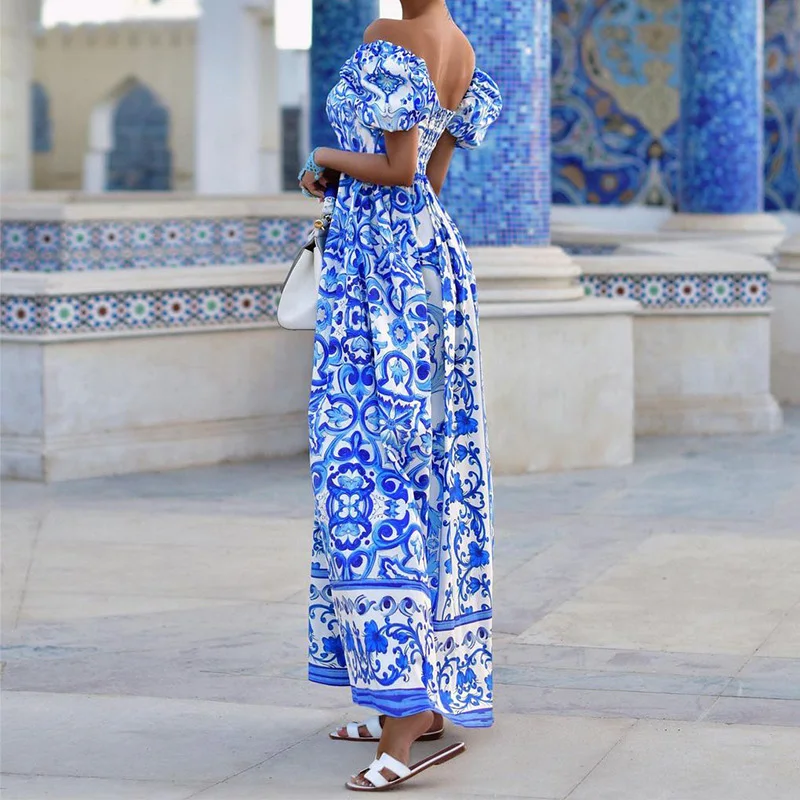 Vestido de noche plisado con espalda descubierta y cintura estampada de verano, vestidos largos bohemios para mujer, vestido largo elegante de