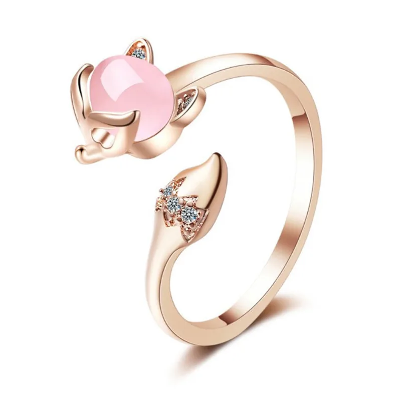 Woman's Fox Flower Shape Open Ring Shiny Pink Natural Stone CZ Daisy Cartoon Design Silver Gold Color Daily Jewelry Gift