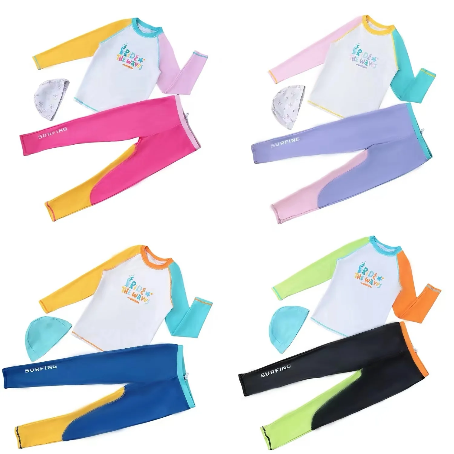 

Комплект для плавания и серфинга Qui Dry для детей: раздельный купальник для мальчиков и девочек, с защитой от солнца, для больших детей, модный, с цветными блоками, с кепкой