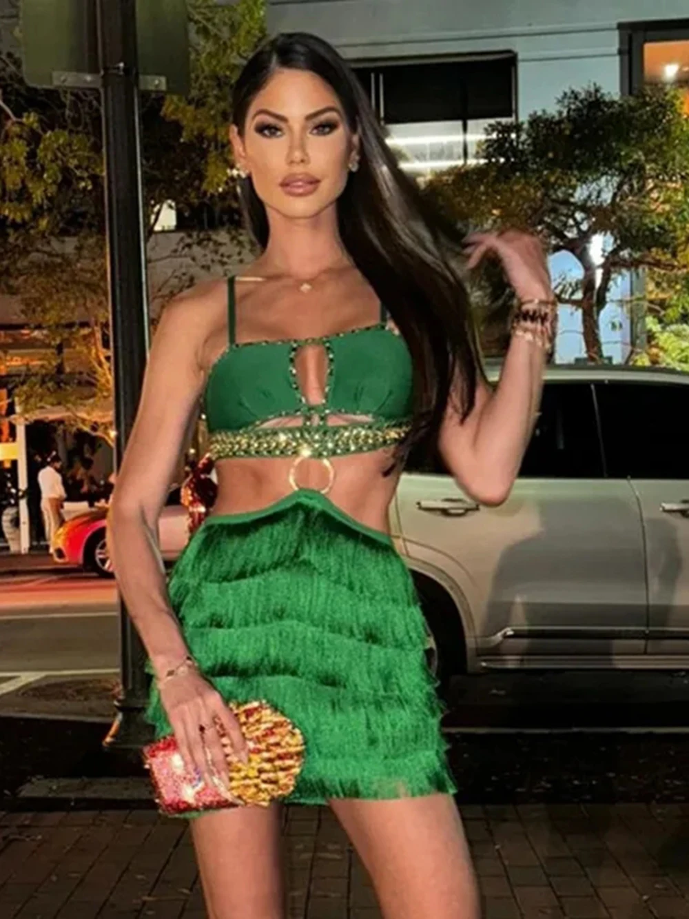 2024 Summer Women Sexy senza maniche Backless Green nappa scava fuori Mini Bodycon Bandage Celebrity Evening Club Party Dress