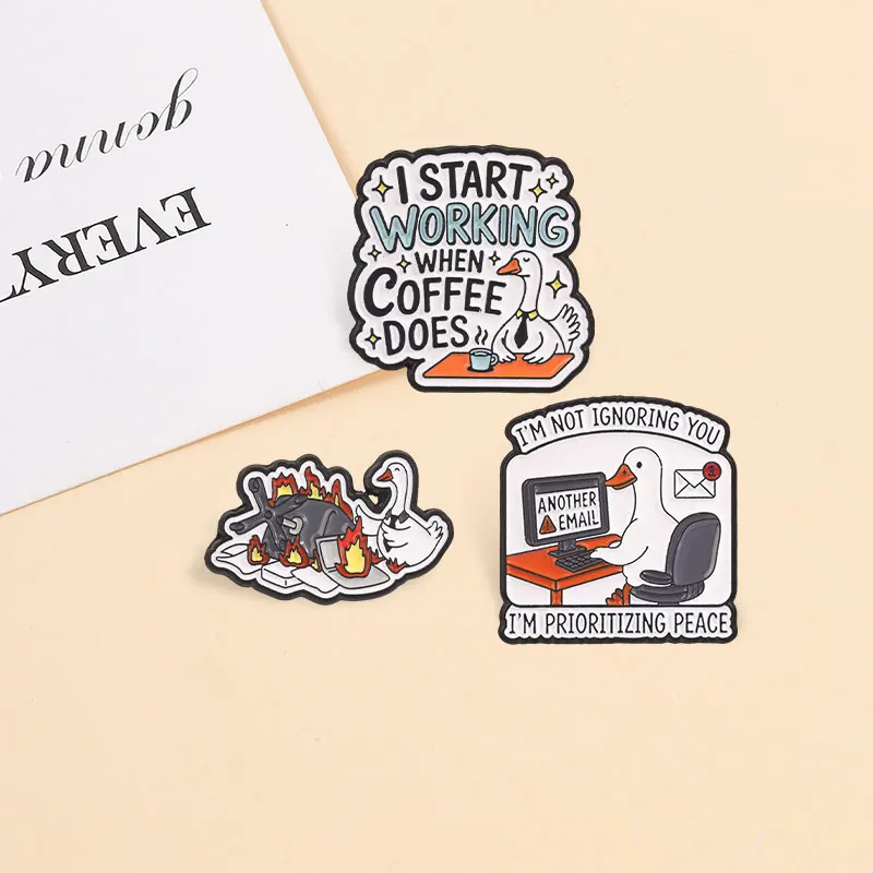 Funny Working Animal Enamel Badge Workplace Goose Email Coffee Angry Cat Pins Cartoon Business Kitten Brooches Jewelry Gifts