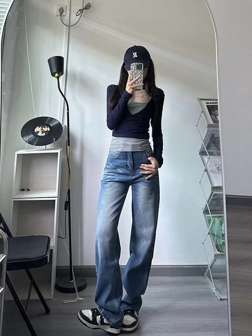 

Американские классические джинсы свободного прямого кроя с высокой талией, длинные брюки, женские модные повседневные джинсы из денима, синие