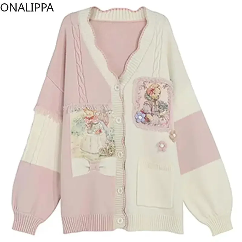 Onalippa Cartoon Printing Oversized Cardigan Contrast Gentle Wind Sweet Knitted Pink Cardigan V Neck Tassel Sweater Women